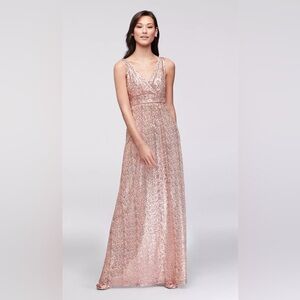 David's Bridal Pink Sequin V-Nexk Maxi Dress